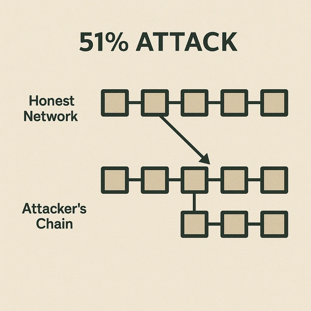 Infographic showing a 51% attack with an honest network and an attacker’s chain that eventually overtakes the main chain