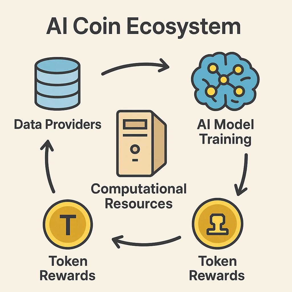 Infographic showing AI coin ecosystem with data providers, computational resources, AI model training, and token rewards flow