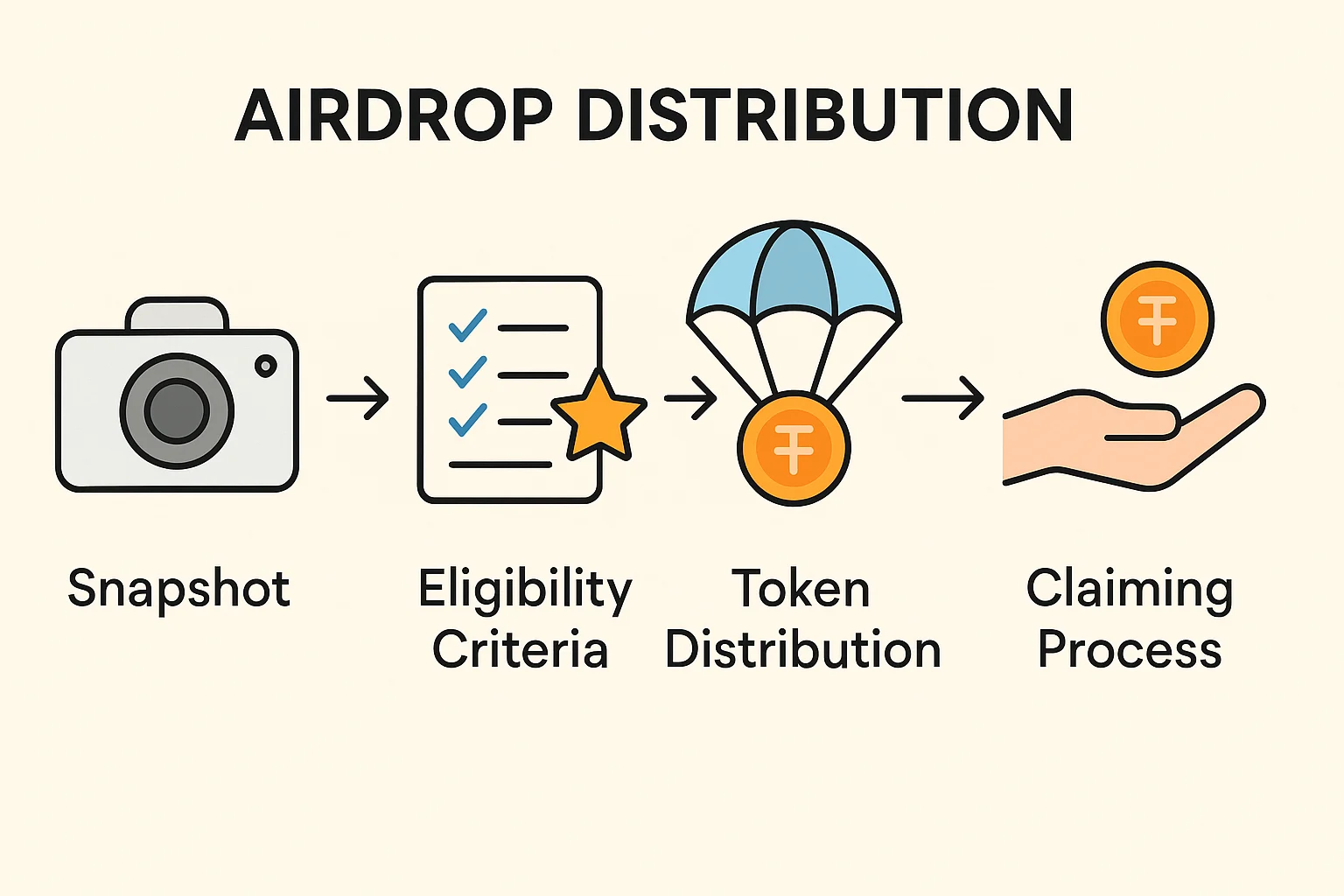 Infographic showing the airdrop distribution process from blockchain snapshot to eligibility verification, token delivery, and claim steps