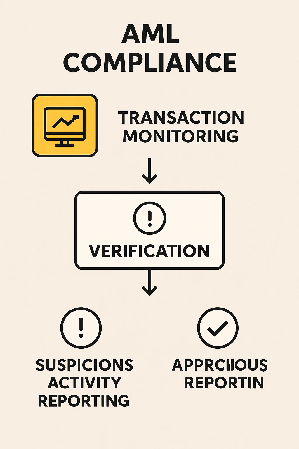 Flowchart showing AML compliance steps: transaction monitoring, risk verification, and suspicious activity reporting