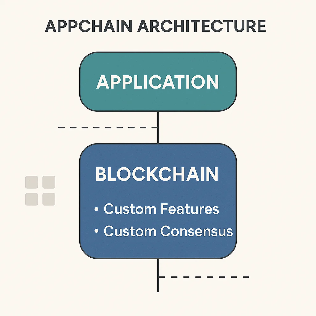 Appchain architecture diagram showing a specialized blockchain optimized for a specific application with custom features and consensus.