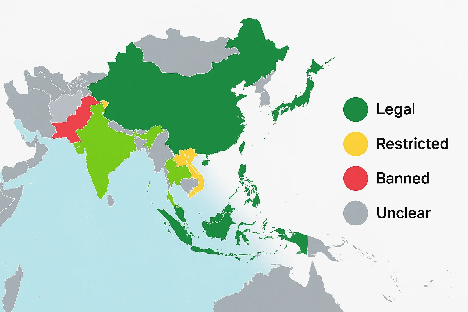 Map of Asia-Pacific region showing cryptocurrency legality by country using green, yellow, red, and gray indicators