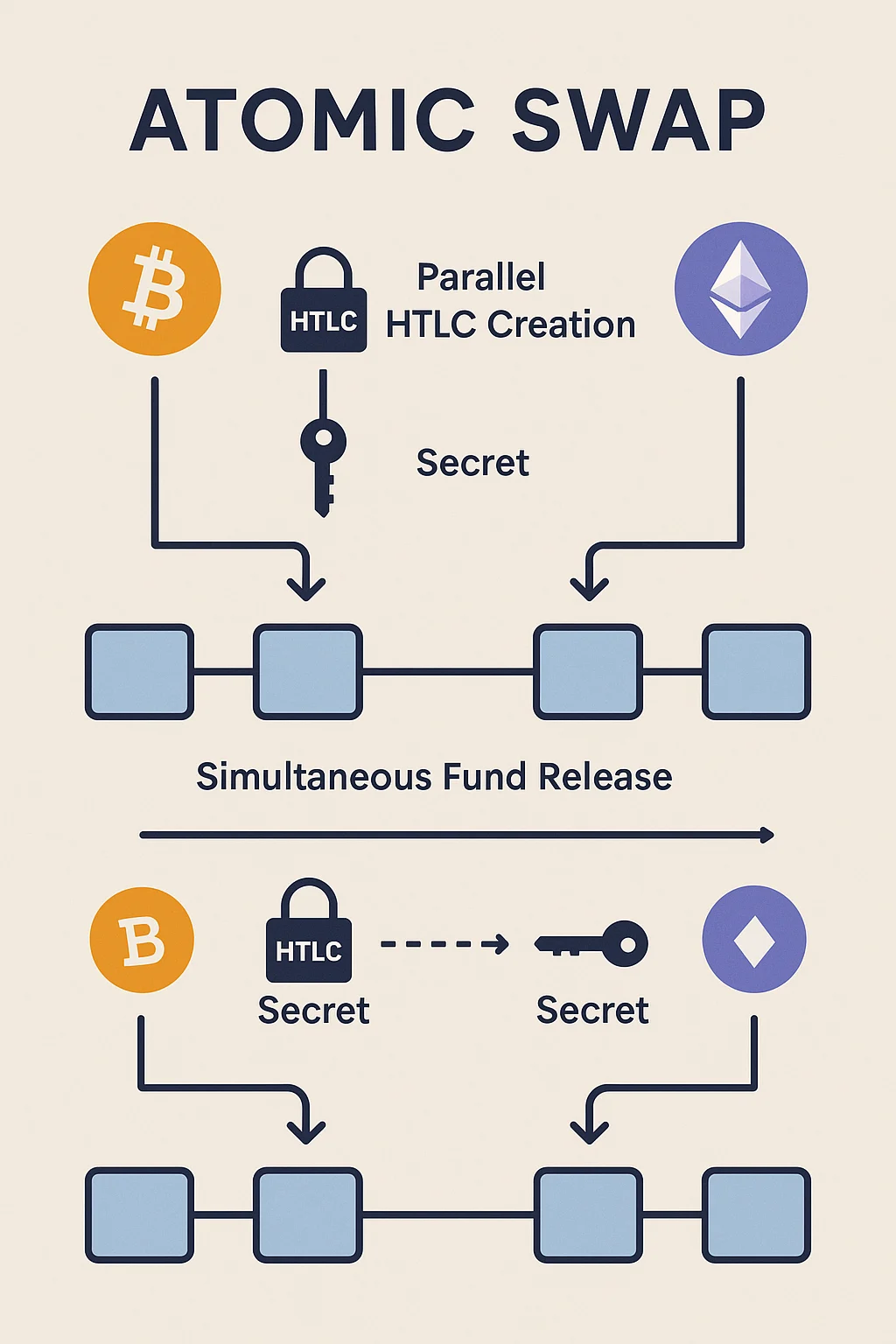 Infographic showing the atomic swap process: parallel HTLC creation, secret revelation, and simultaneous fund release on two blockchains