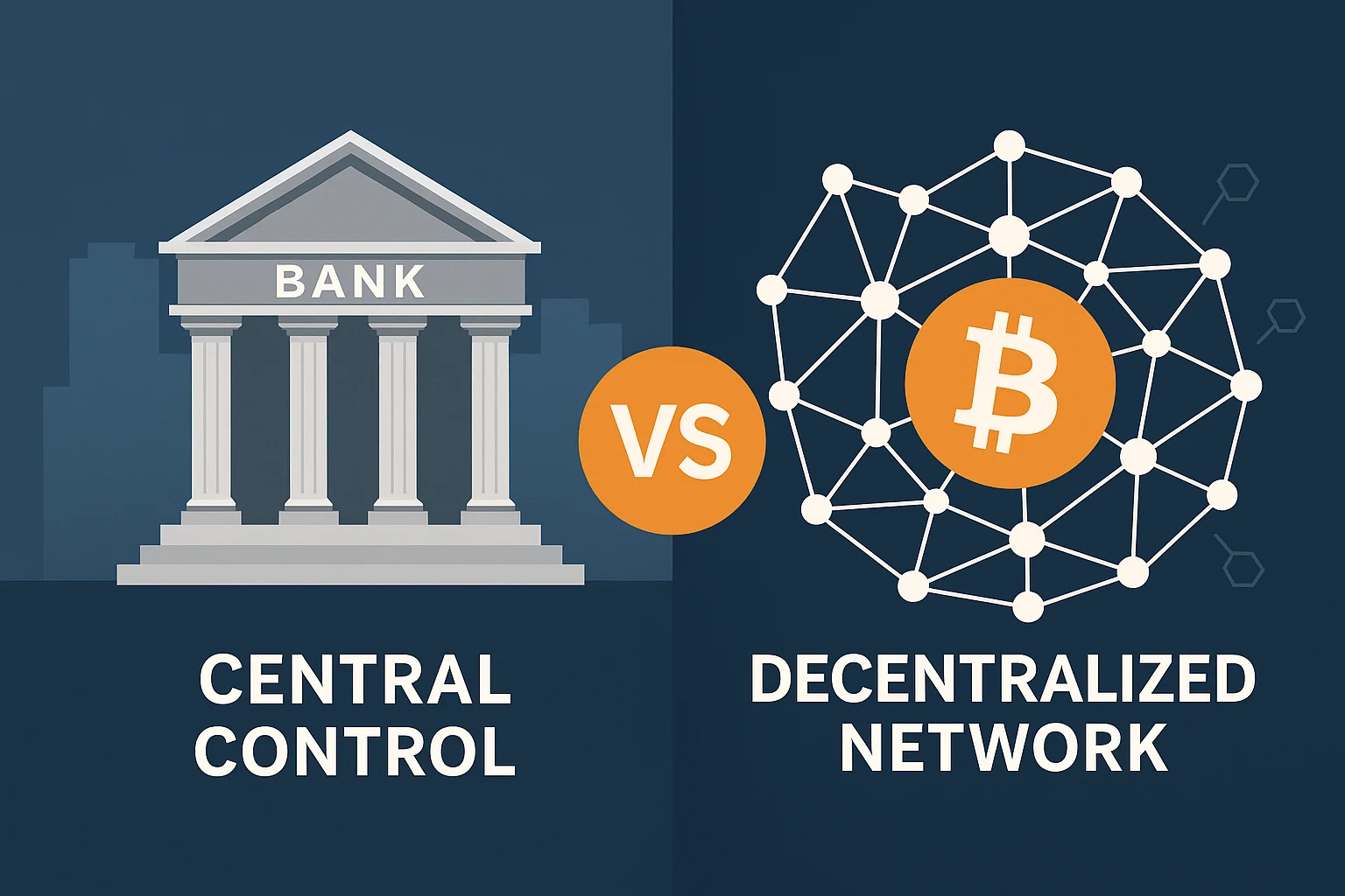 Split-screen comparison of traditional bank with central control and Bitcoin’s decentralized node network