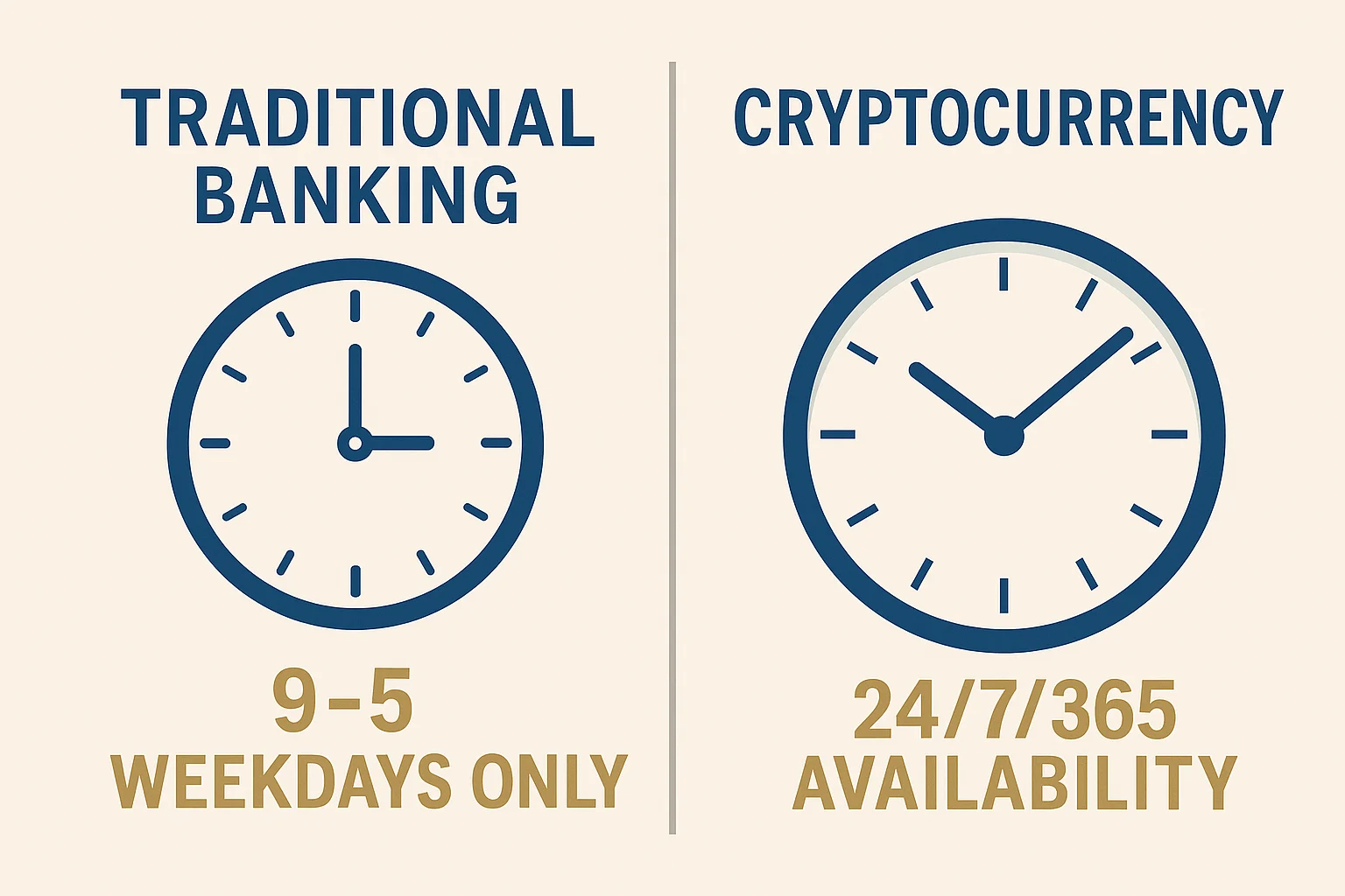 Side-by-side clock comparison of traditional banking hours (9–5 weekdays) and crypto availability (24/7/365)