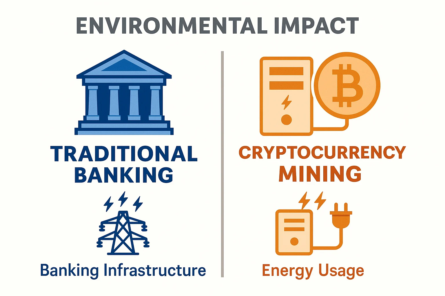 Split-screen infographic showing environmental impact of traditional banking infrastructure vs cryptocurrency mining