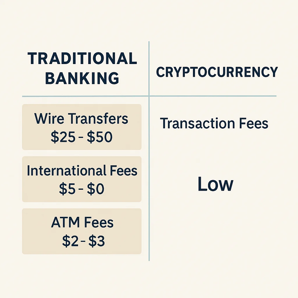 Fee comparison chart showing wire transfer, international, and ATM fees for banks versus low crypto transaction fees