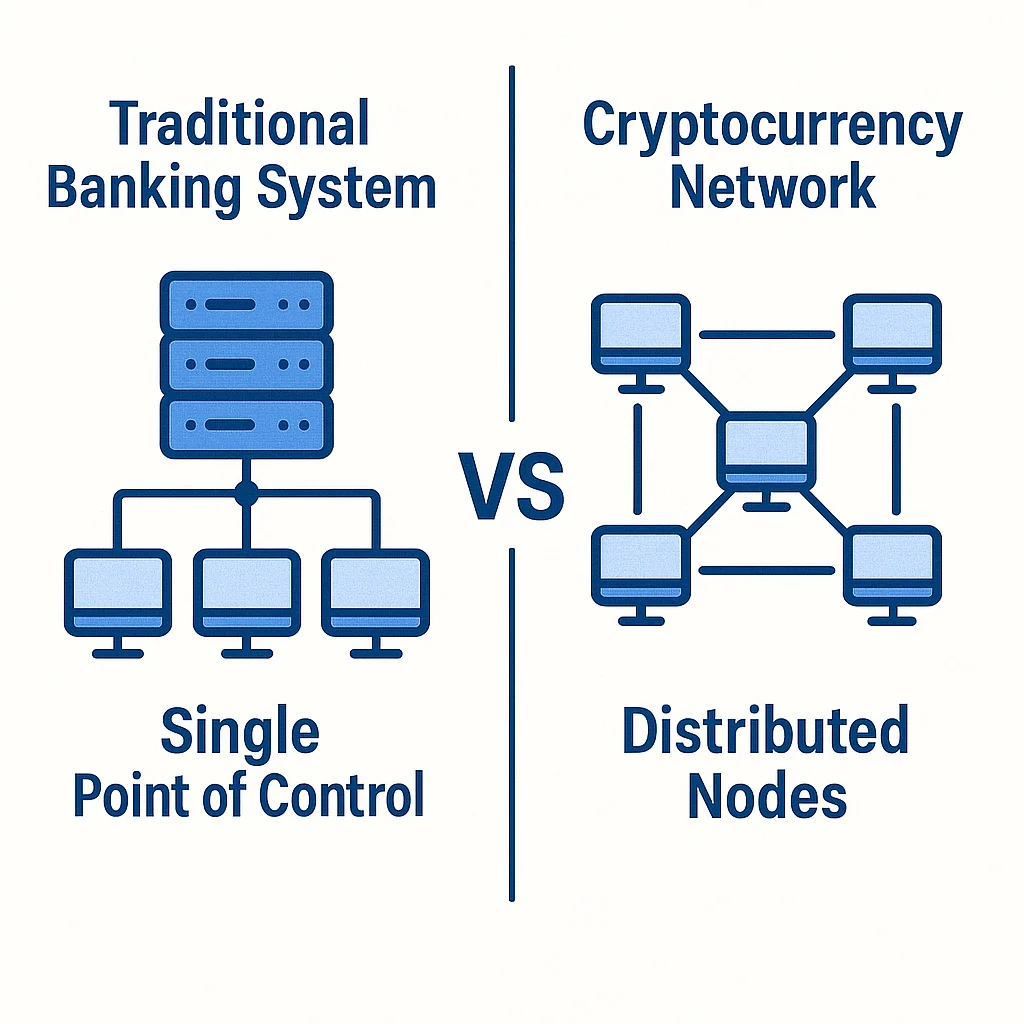 Side-by-side diagram showing traditional banking with centralized servers vs cryptocurrency with distributed nodes