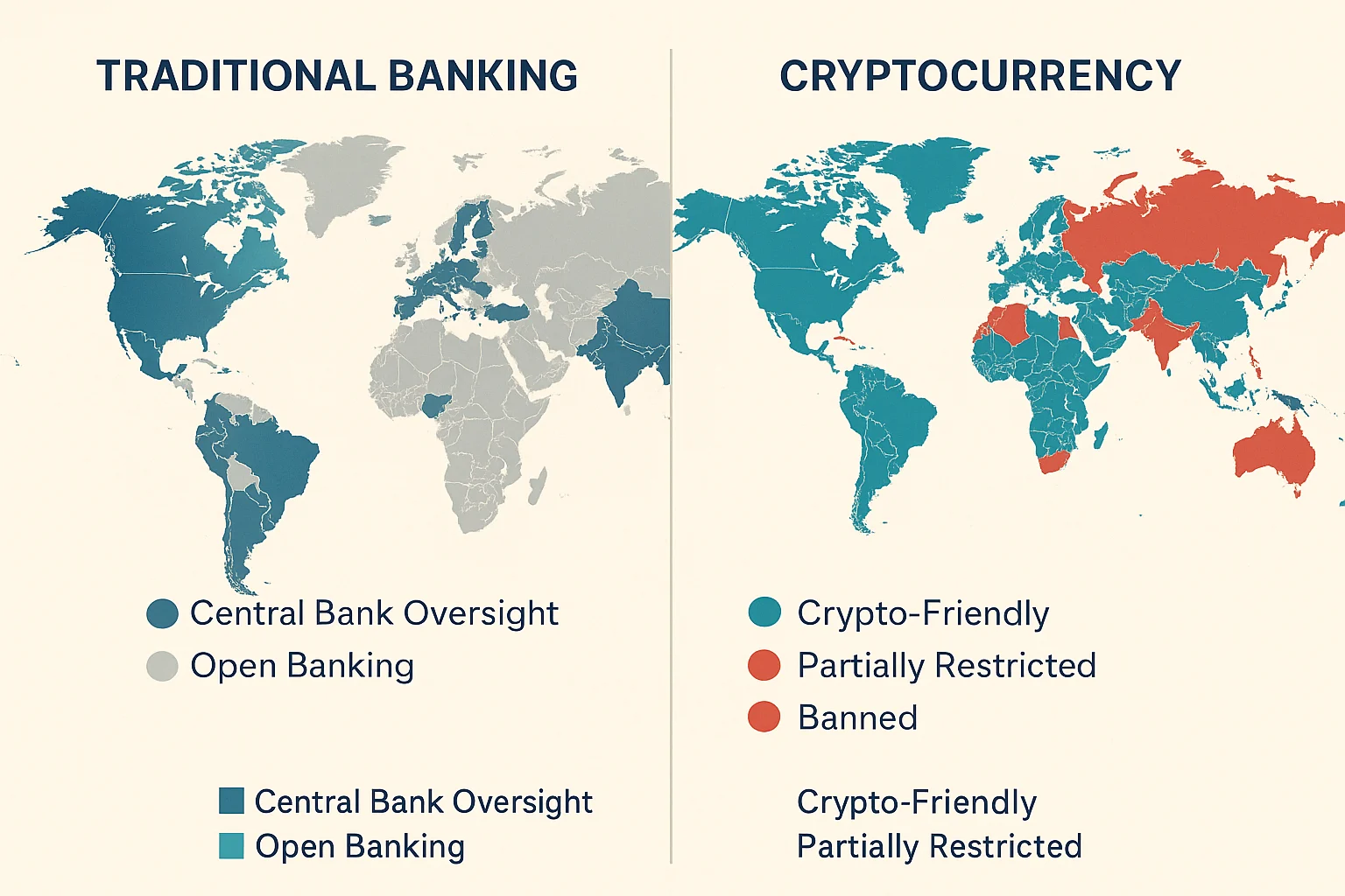 Side-by-side world maps showing traditional banking regulations and cryptocurrency legal status across countries