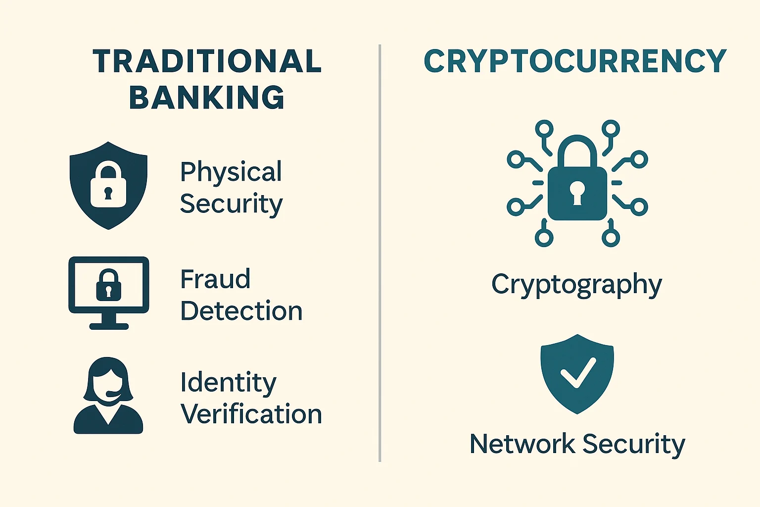 Side-by-side infographic comparing traditional banking security layers with cryptocurrency cryptographic security
