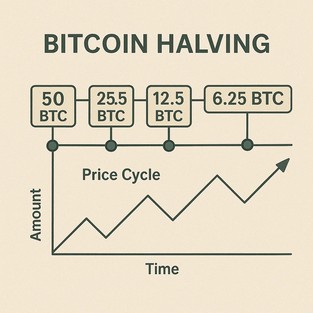 Infographic showing Bitcoin halving events with block rewards dropping from 50 to 25 to 12.5 to 6.25 BTC, along with a rising price cycle chart