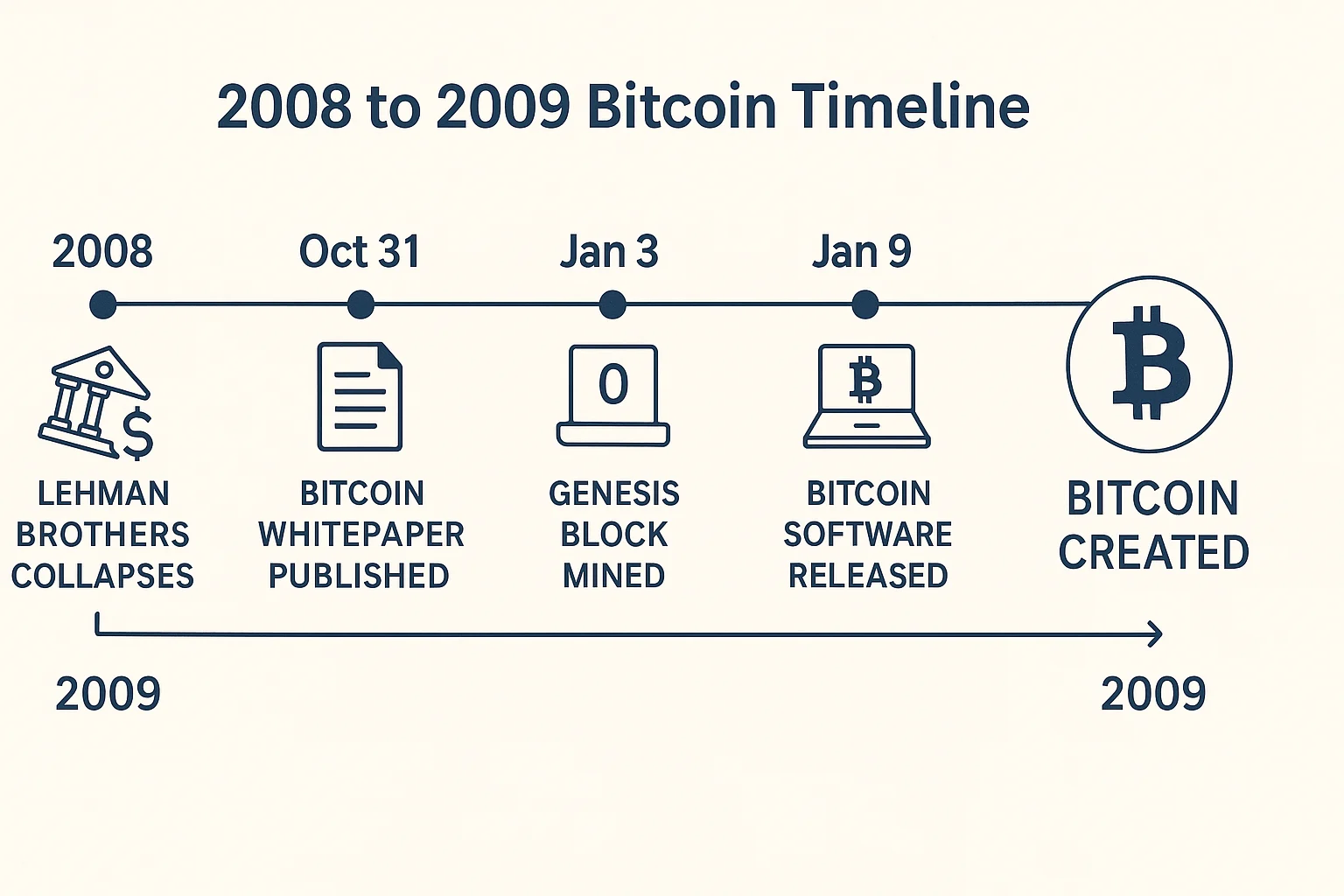 Timeline graphic showing key events from 2008 financial crisis to Bitcoin's creation in 2009