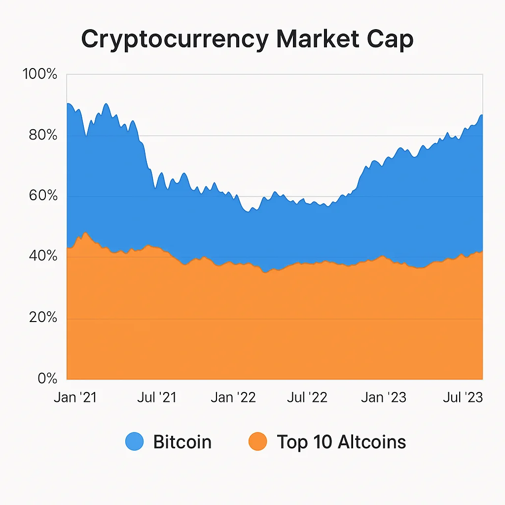 Stacked area chart showing Bitcoin dominance versus top 10 altcoins from Jan 2021 to Oct 2023