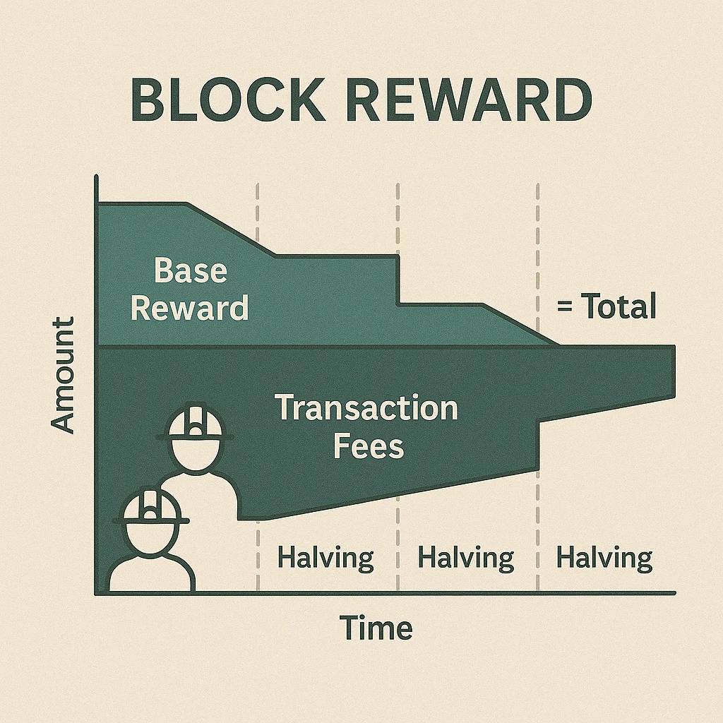 Infographic showing how block rewards are composed of a base reward plus transaction fees, with halving events over time