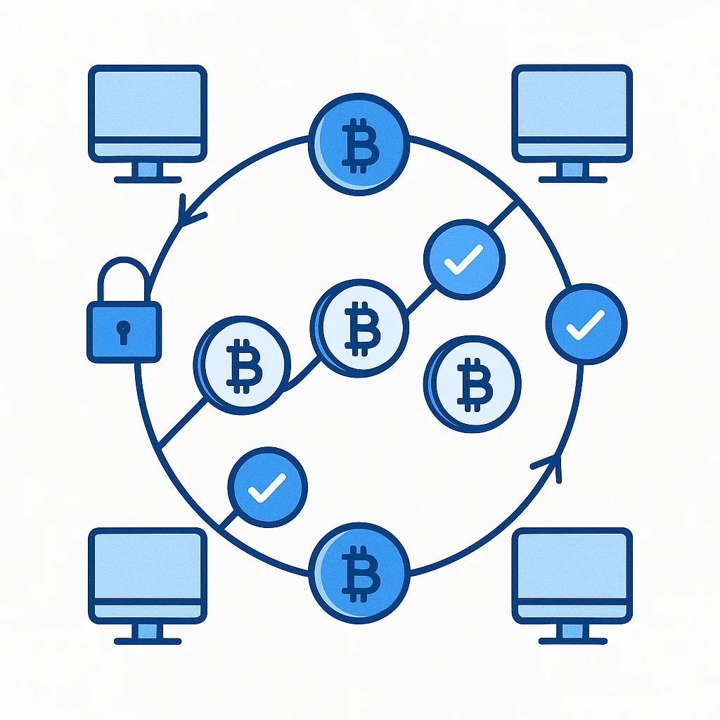 Diagram of digital coins flowing through connected computers with encryption and verification symbols