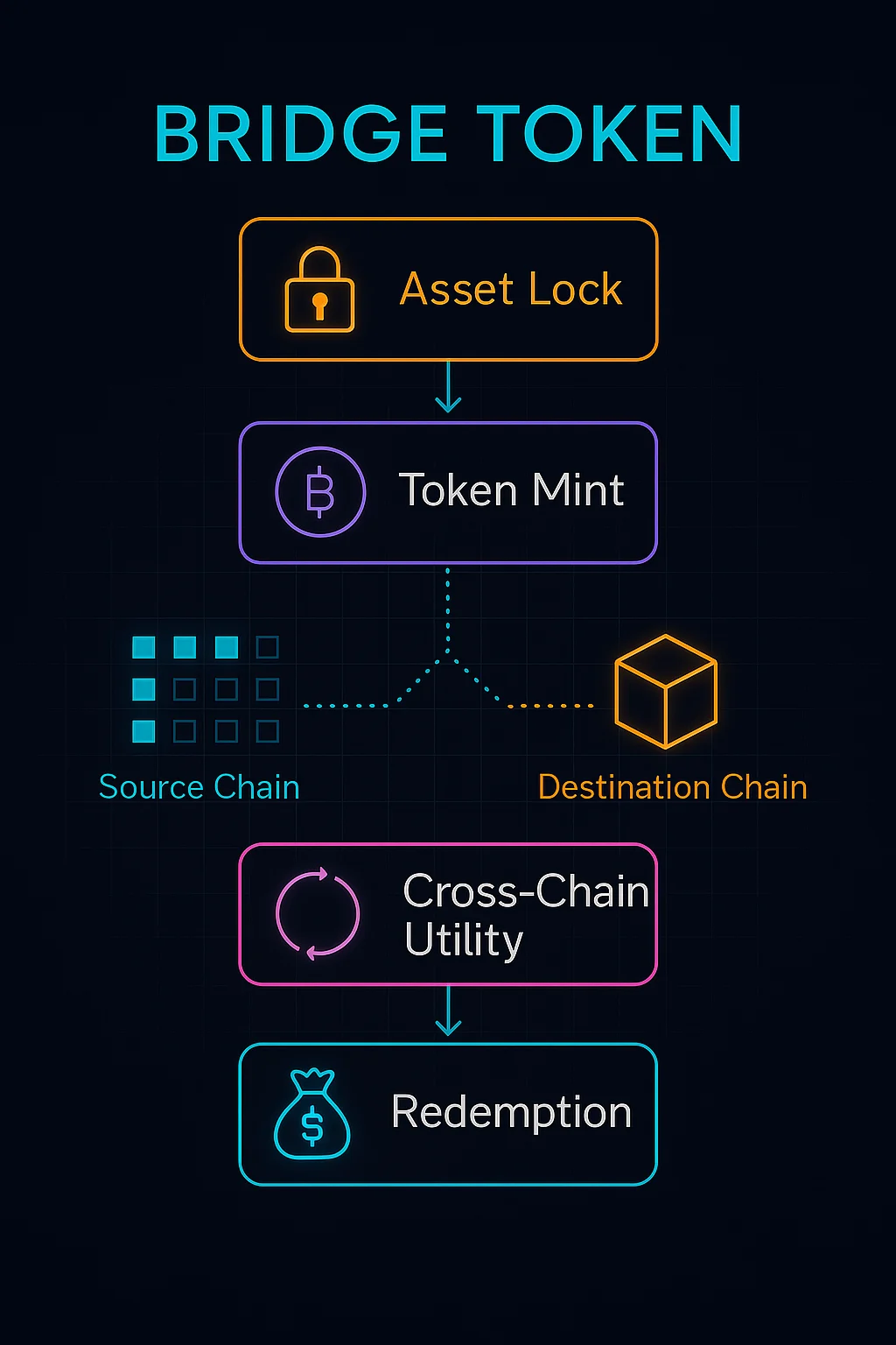 Infographic showing bridge token flow from asset lock on source chain to token mint on destination chain, enabling cross-chain utility and redemption