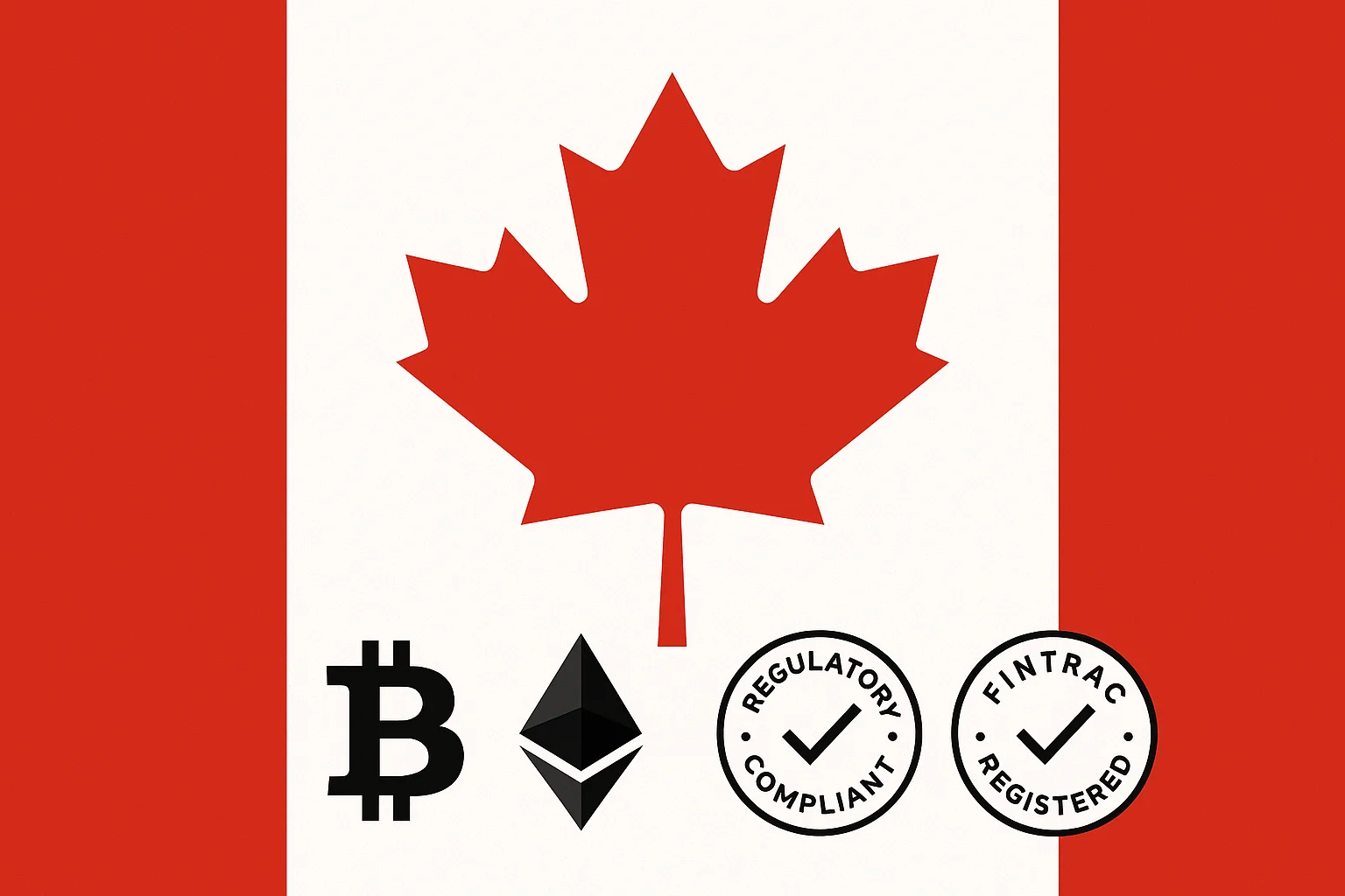 Canadian flag with Bitcoin and Ethereum logos and compliance badges labeled “Regulatory Compliant” and “FINTRAC Registered”