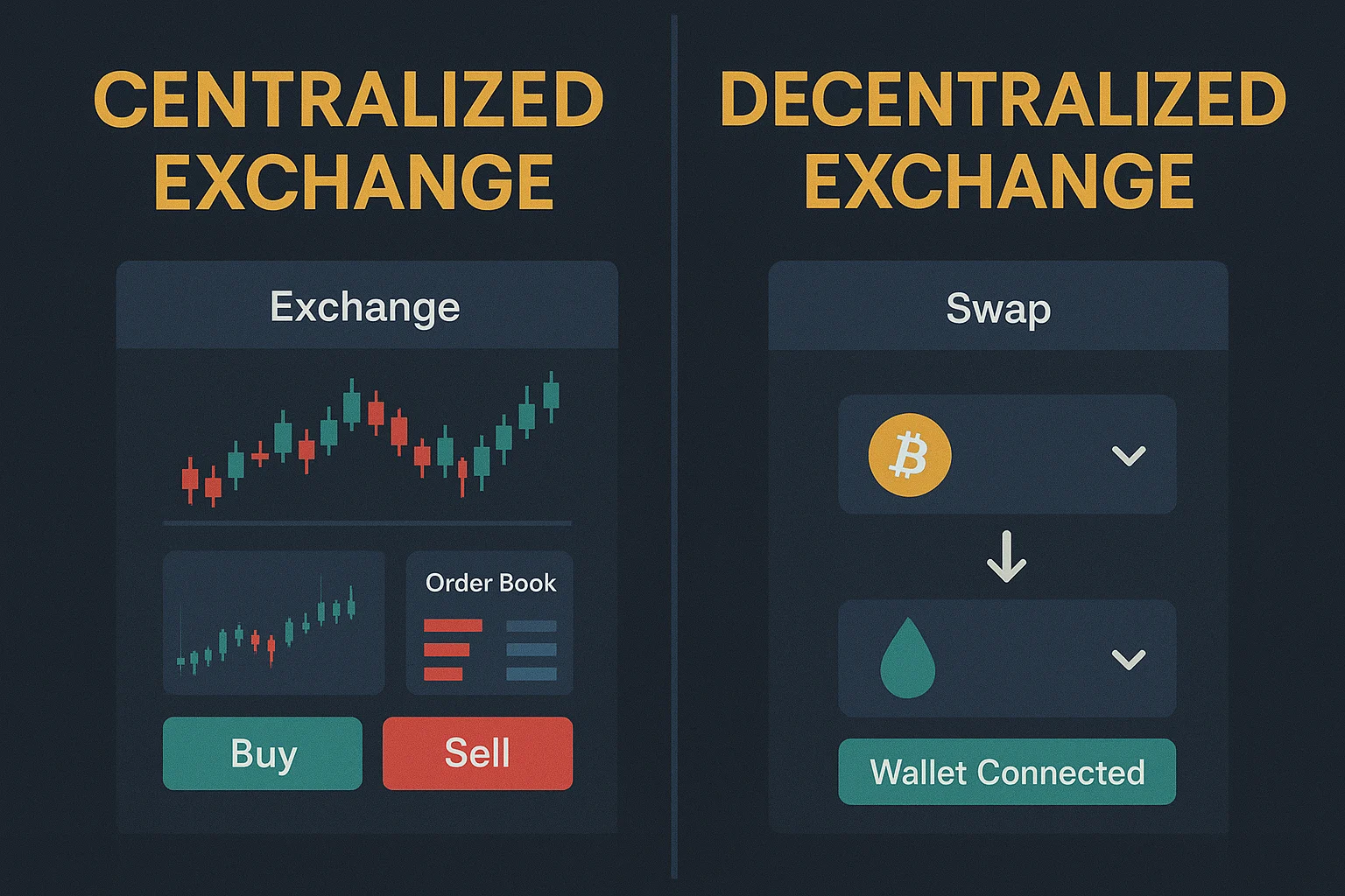 Side-by-side comparison of centralized exchange vs decentralized exchange interfaces