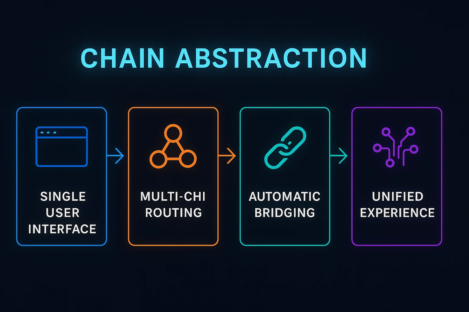 Chain abstraction flow showing single user interface, multi-chain routing, automatic bridging, and unified blockchain experience