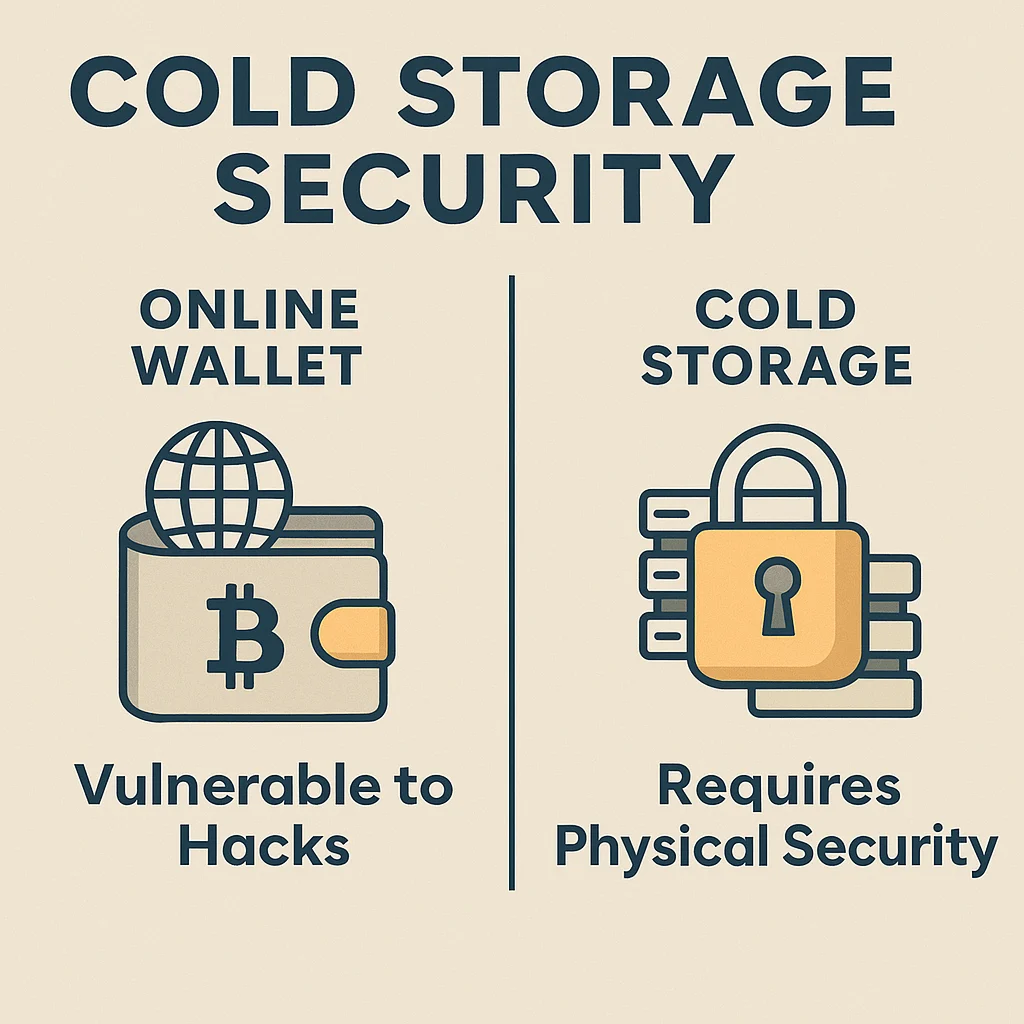 Infographic comparing online wallet vulnerability to hacks with cold storage requiring physical security for crypto assets