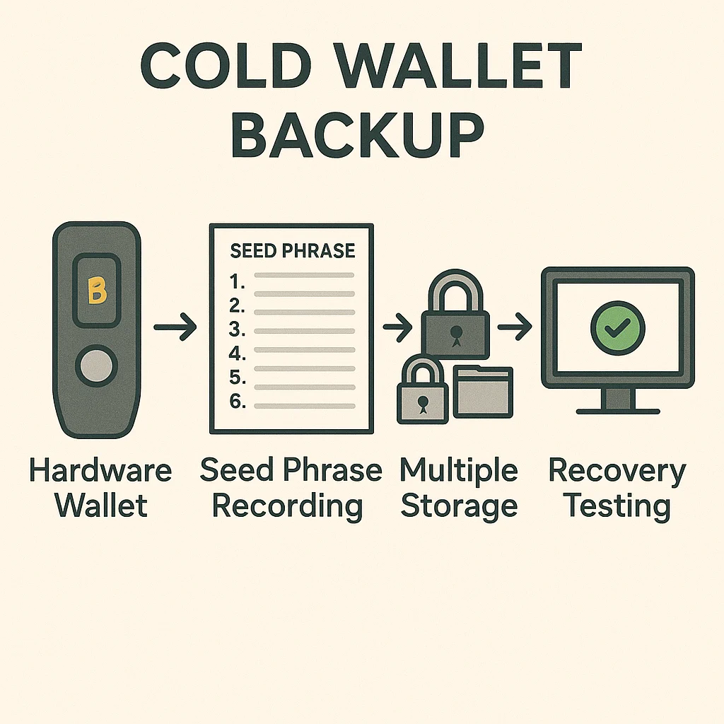 Infographic showing hardware wallet backup steps: device setup, seed phrase recording, multiple storage, and recovery testing