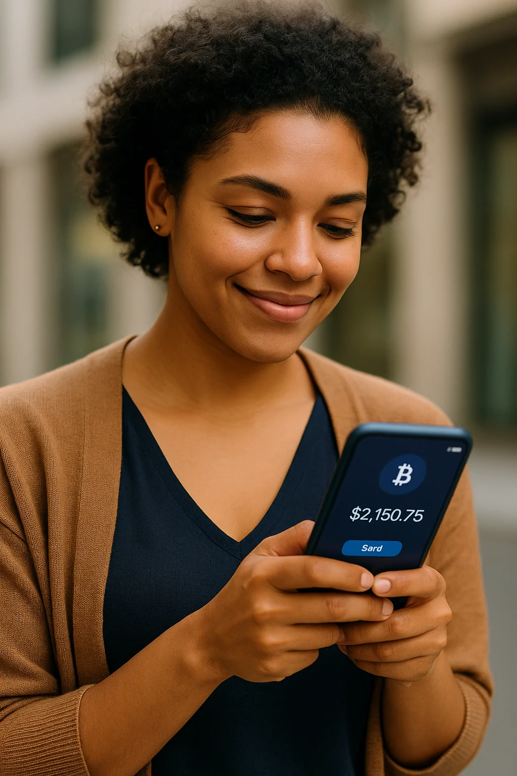 Confident woman smiling while using a cryptocurrency app on her smartphone