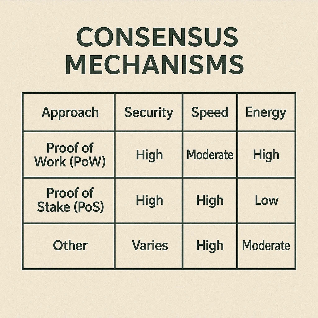 Infographic table comparing Proof of Work (PoW), Proof of Stake (PoS), and Other consensus mechanisms by security, speed, and energy usage