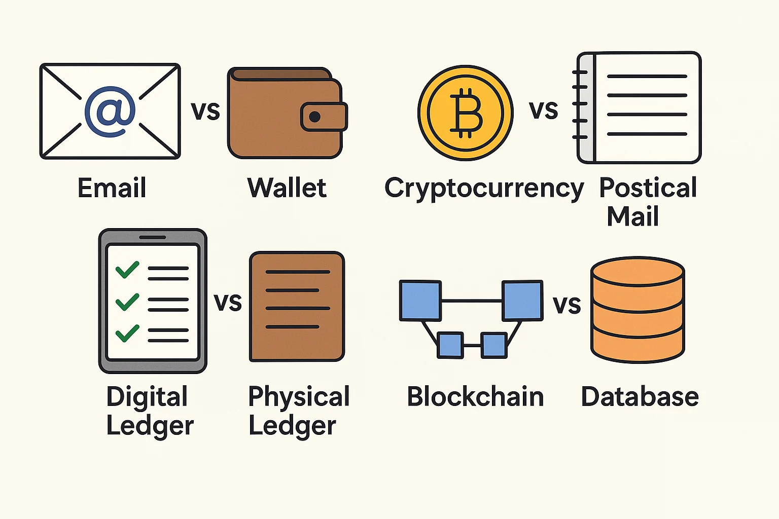 Infographic using simple analogies to explain cryptocurrency concepts with everyday objects like email, wallet, and ledgers