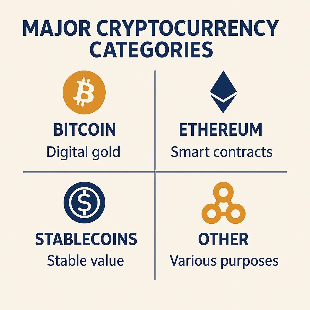 Grid showing Bitcoin, Ethereum, Stablecoins, and Other crypto categories with icons and descriptions