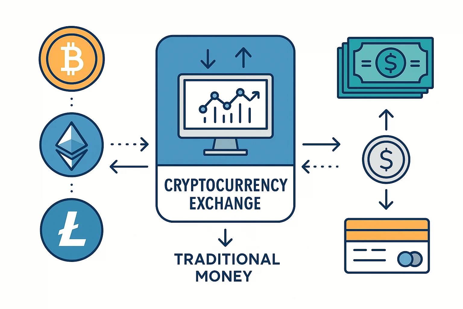 Diagram showing how cryptocurrency exchanges convert digital currencies like Bitcoin and Ethereum to traditional money