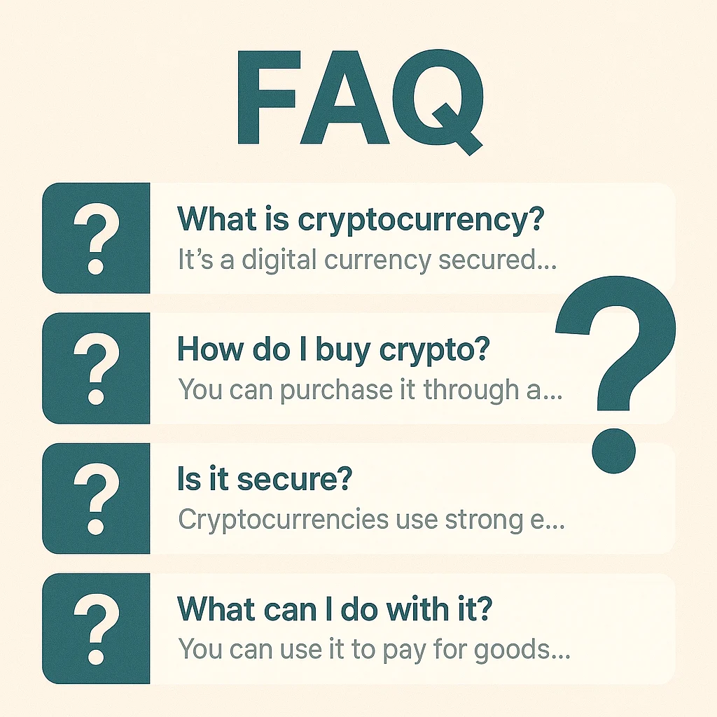 Modern FAQ graphic showing common cryptocurrency questions with icons and brief answers