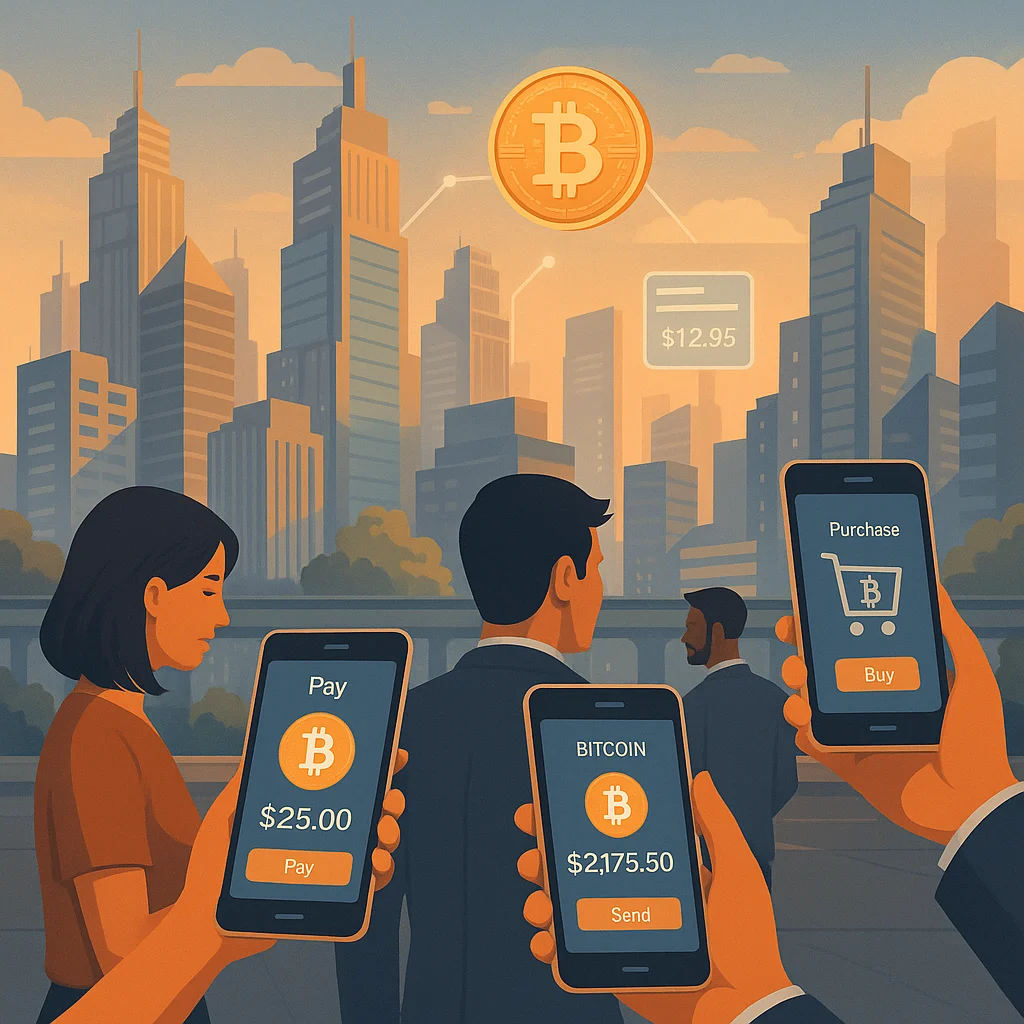 Futuristic cityscape showing people using cryptocurrency for digital payments via smartphones