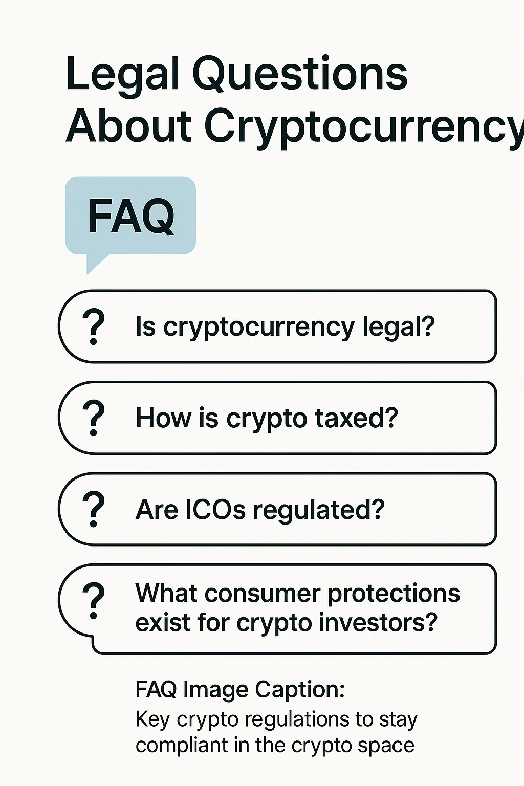FAQ-style infographic showing four legal questions about cryptocurrency including legality, taxation, ICO regulation, and investor protections