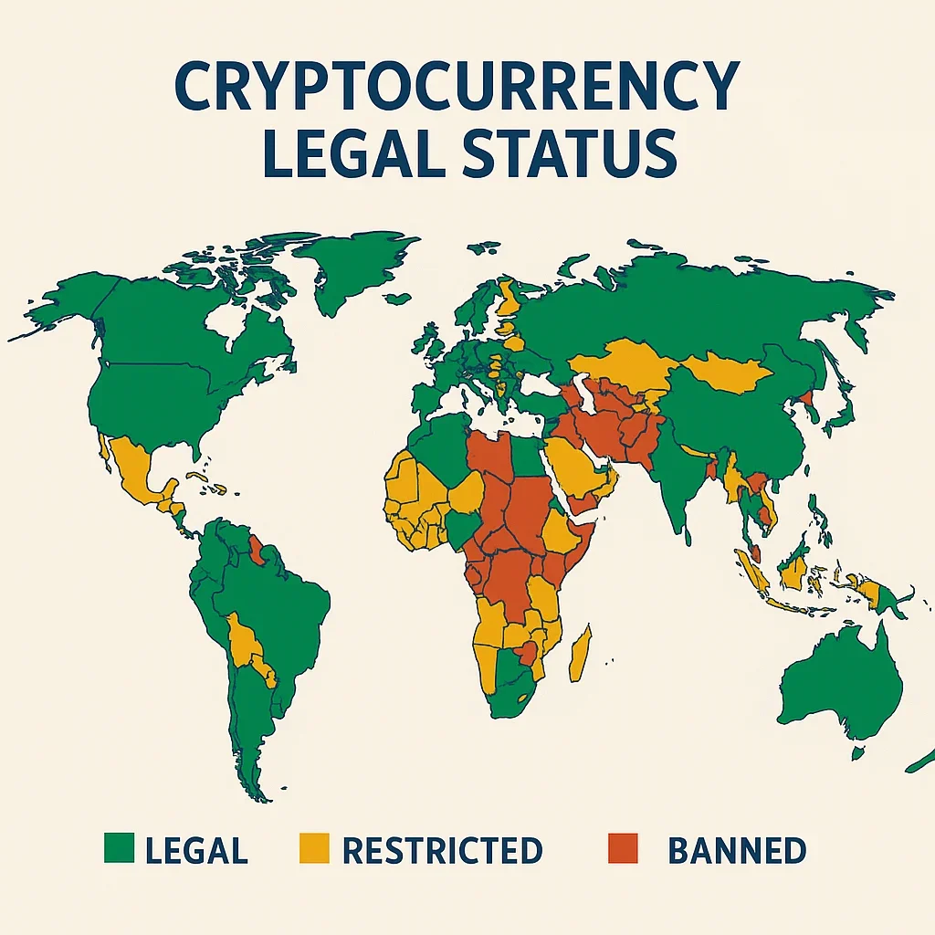 World map showing cryptocurrency legal status by country with green, yellow, and red coding