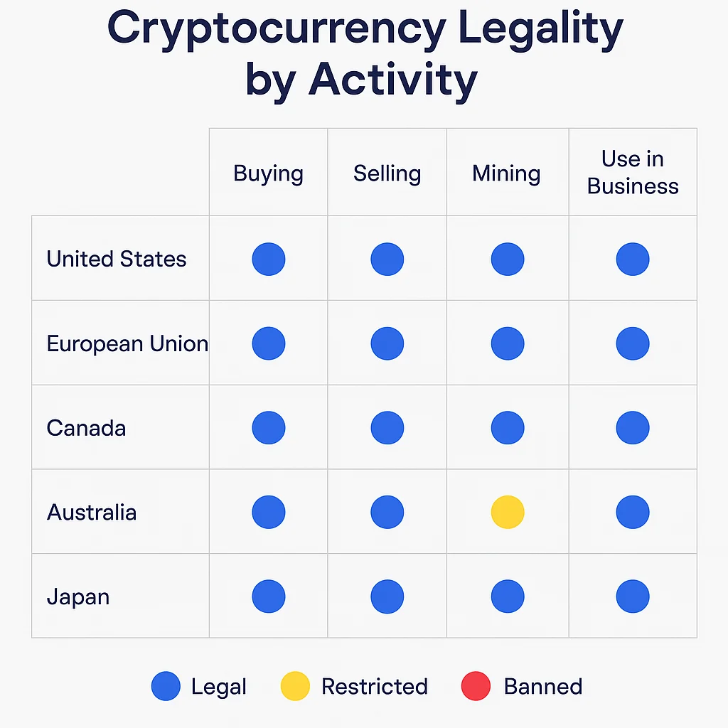 Chart showing cryptocurrency legality by activity—buying, selling, mining, and business use—in major jurisdictions