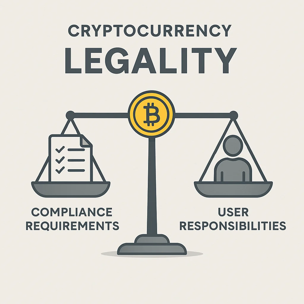 Balanced graphic showing a scale with compliance requirements on one side and user responsibilities on the other, symbolizing cryptocurrency legality