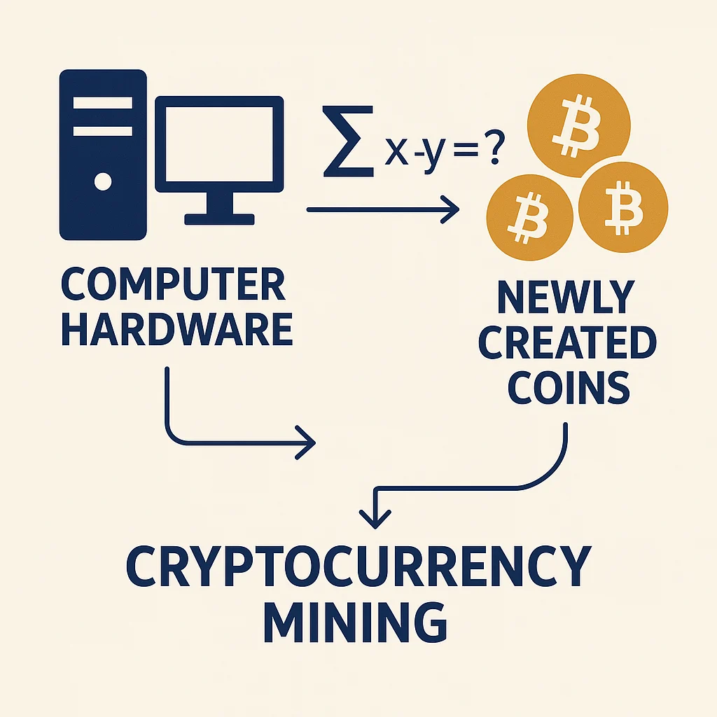 Diagram showing cryptocurrency mining process with computer hardware, equations, and newly created coins