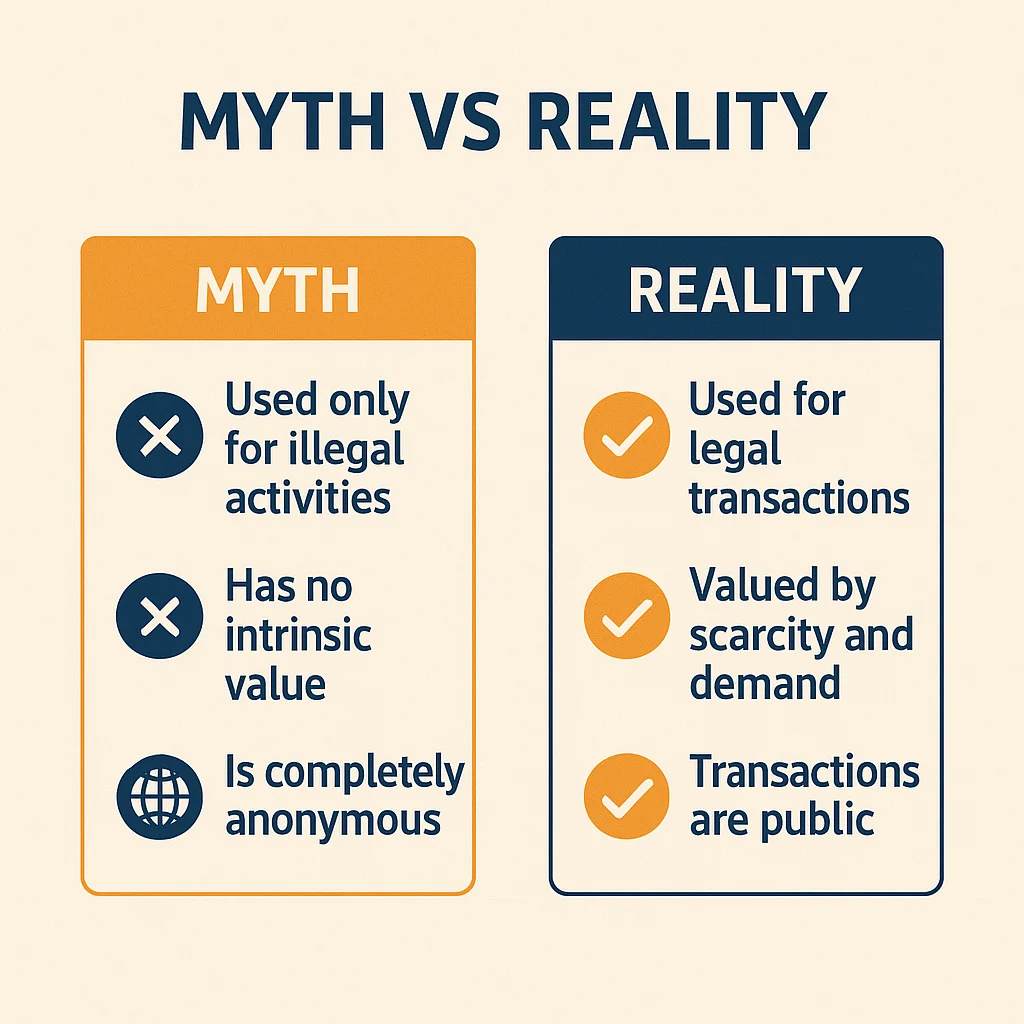 Infographic showing myths vs reality about cryptocurrency with icons and clear comparison layout