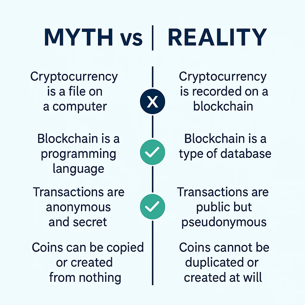 Infographic comparing common cryptocurrency myths with accurate realities using simple checkmarks and Xs
