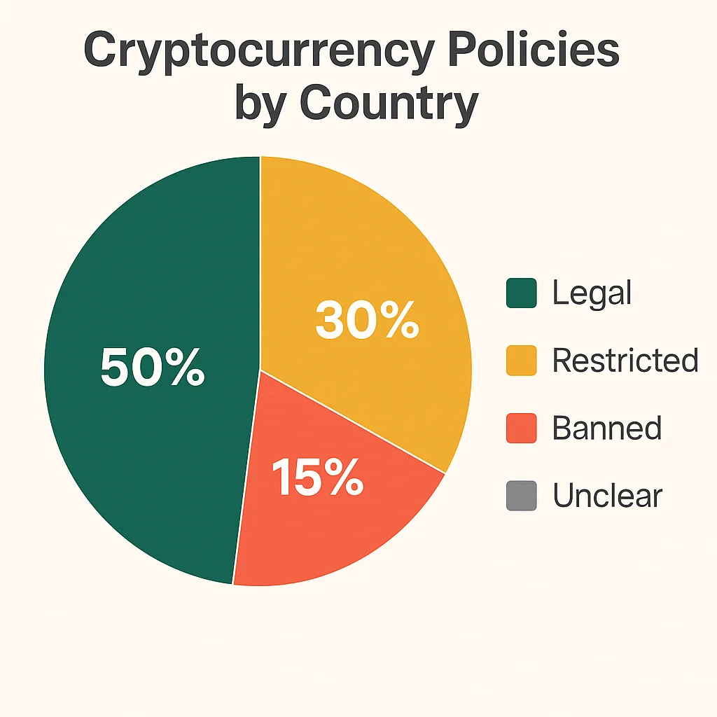 Pie chart showing percentage of countries where crypto is legal, restricted, banned, or unclear