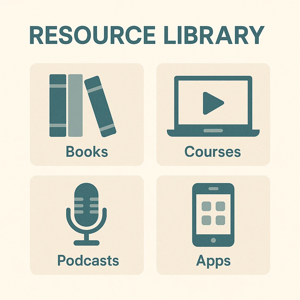Grid layout showing icons for books, courses, podcasts, and apps in a crypto resource library