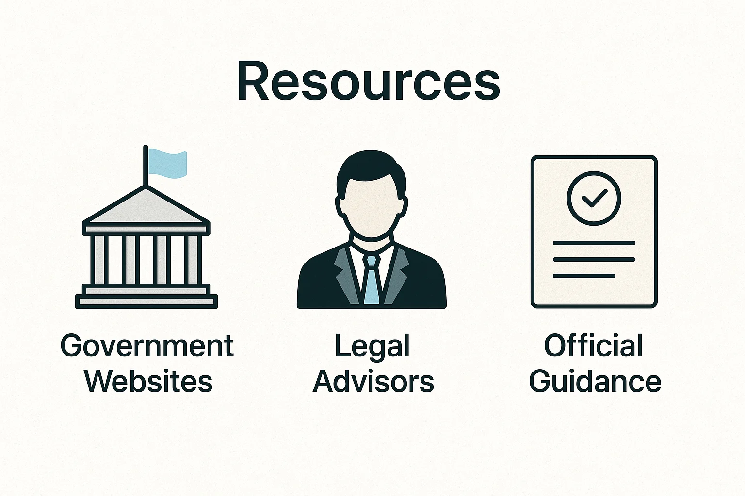 Icons representing government websites, legal advisors, and official guidance resources for cryptocurrency compliance