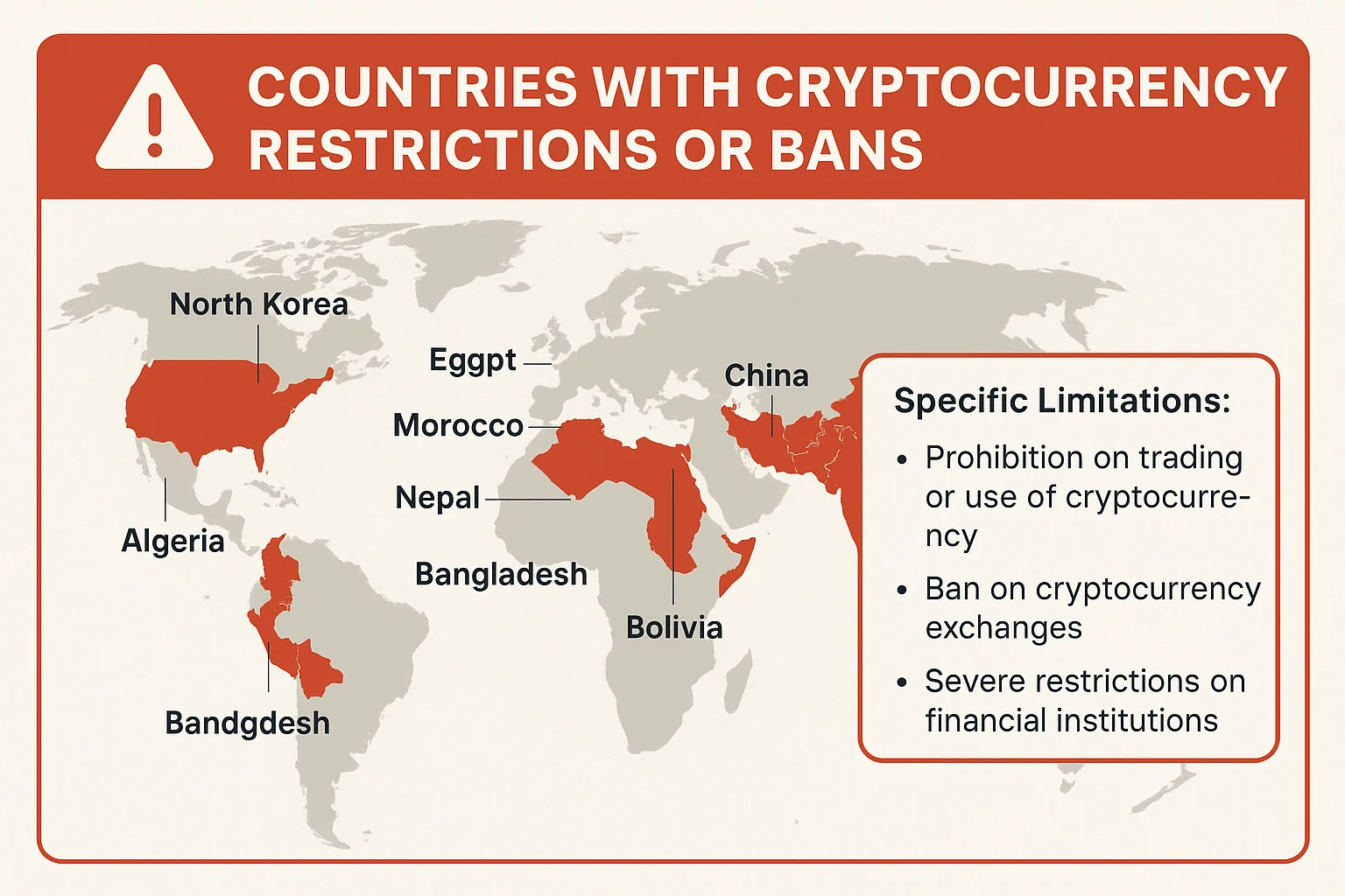 Warning map showing countries with cryptocurrency restrictions or bans in red with listed limitations
