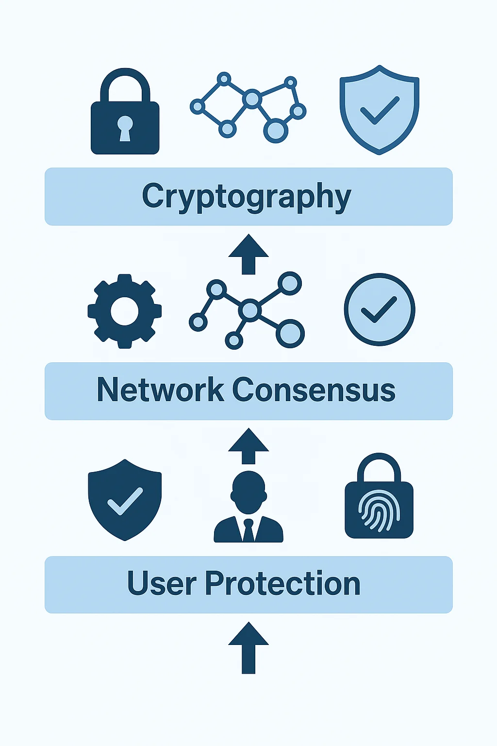 Layered diagram showing cryptography, network consensus, and user protection in cryptocurrency security