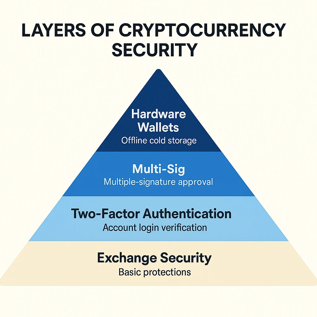 Pyramid diagram showing layered cryptocurrency security from exchange protection to hardware wallets