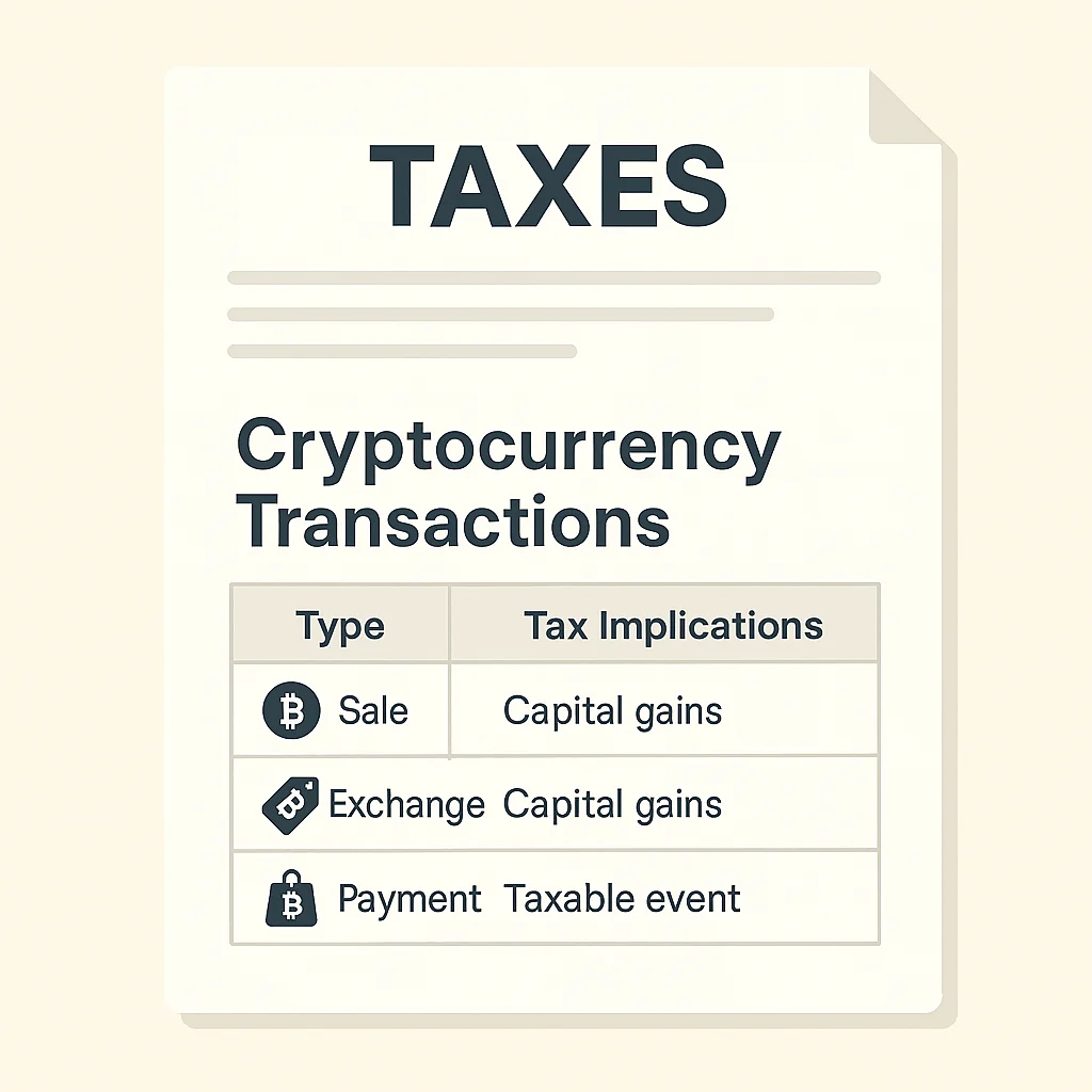 Professional tax document illustration showing cryptocurrency transaction types and tax implications