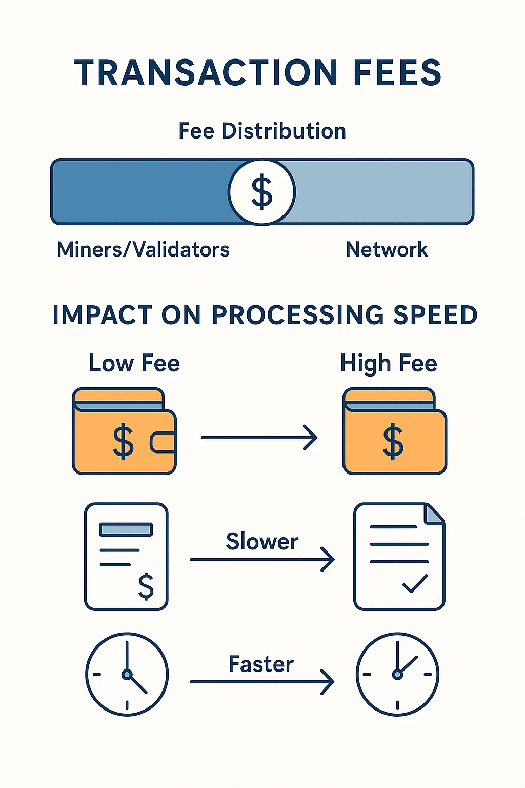 Infographic showing how transaction fees are distributed and how low vs high fees affect processing speed