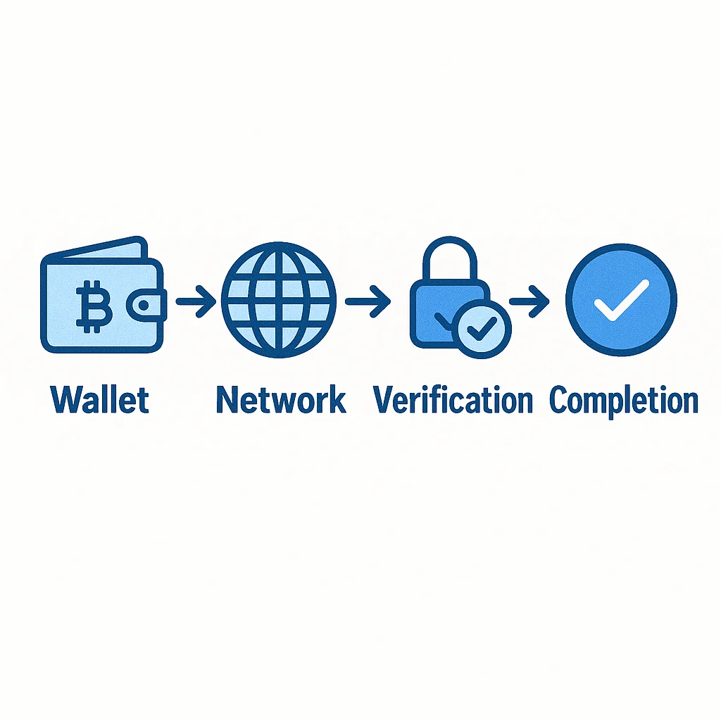Infographic showing wallet, network, verification, and completion steps in a crypto transaction