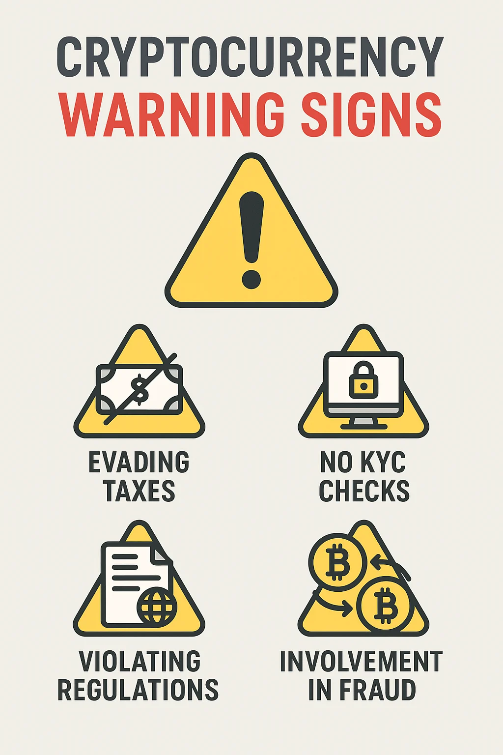 Warning-style infographic showing legal risks of cryptocurrency use including tax evasion, lack of KYC, regulatory violations, and fraud