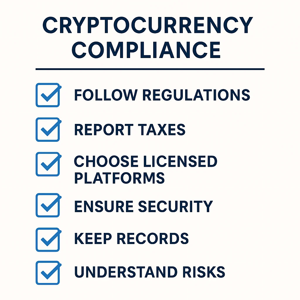 Checklist infographic showing best practices for legal cryptocurrency use